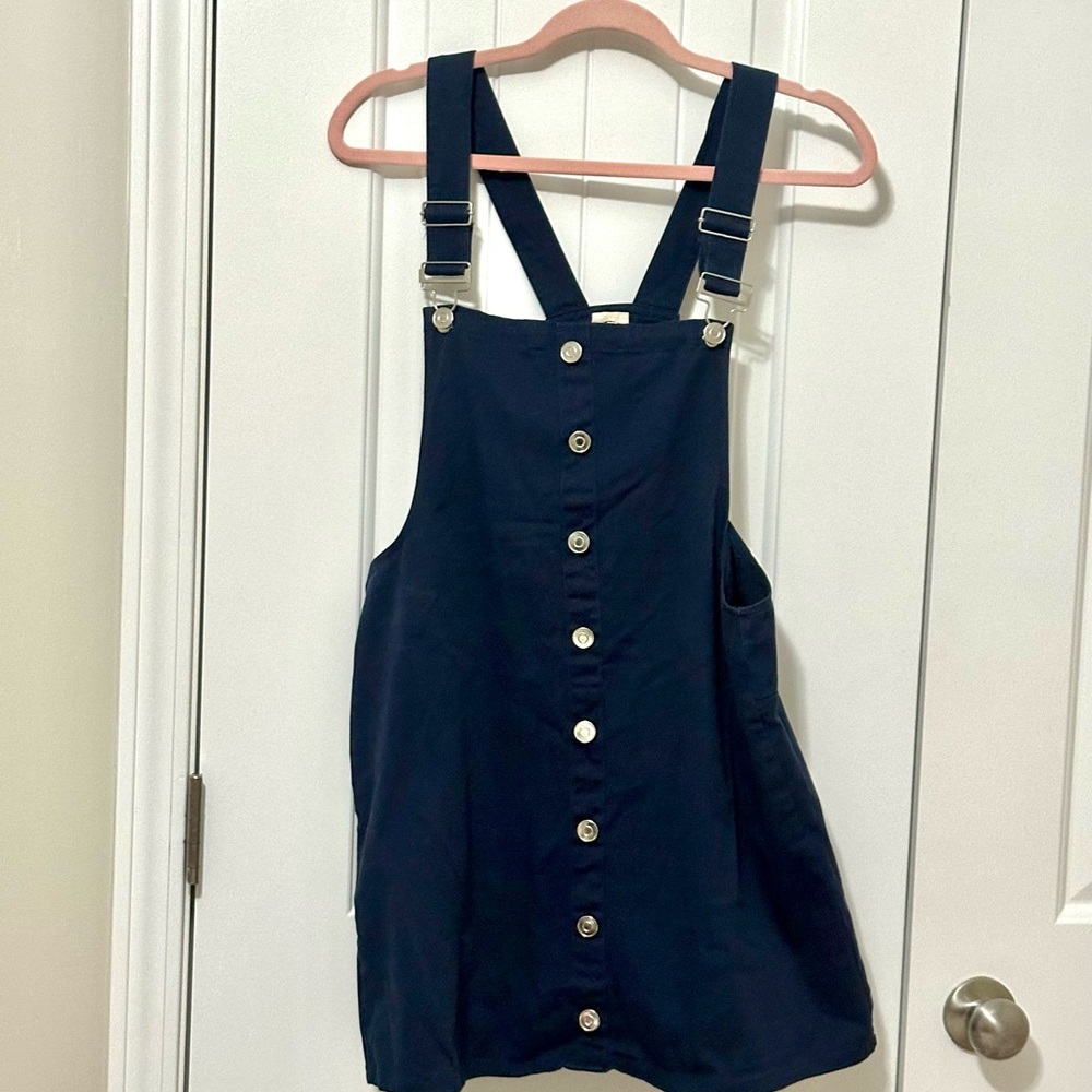 Navy Blue Button-Front Pinafore Dress